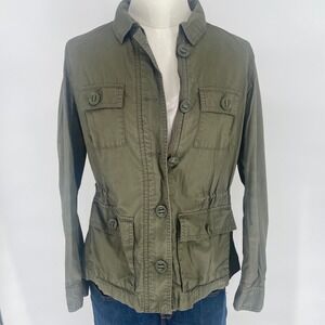 Talbots Petites Med‎ Green Utility Safari Jacket Cotton Blend Zip Button Front